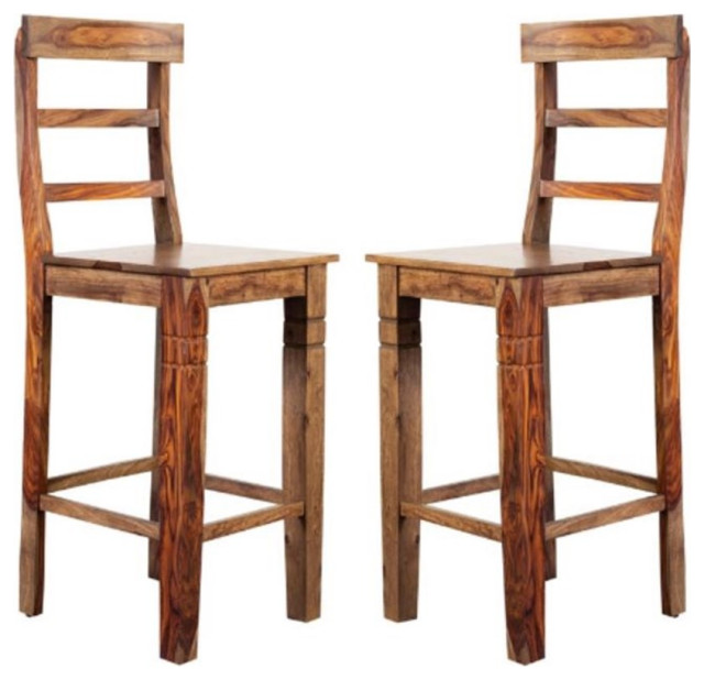 Home Square Sheesham Solid Wood Bar Stool in Brown Finish - Set of 2 ...