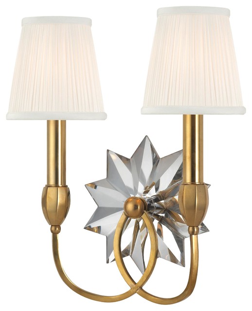 Barton, Two Light Wall Sconce, Aged Brass Finish, White Pleated Silk Shade