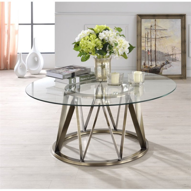 ACME Perjan Round Glass Top Coffee Table in Antique Brass