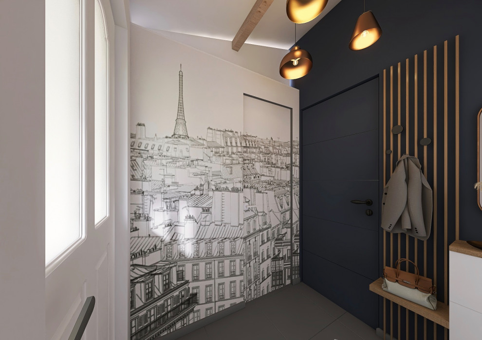Kleines Modernes Foyer mit blauer Wandfarbe, Keramikboden, Einzeltür, weißer Haustür, grauem Boden, freigelegten Dachbalken und Tapetenwänden in Rennes