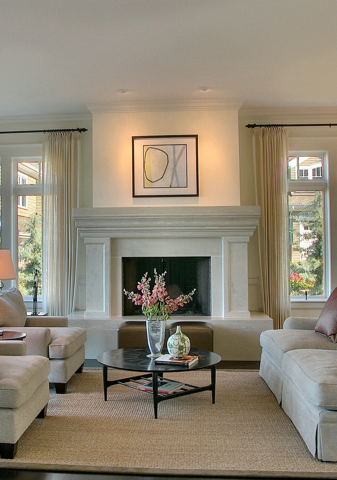 Inspiration for a contemporary living room in Seattle with a standard fireplace.