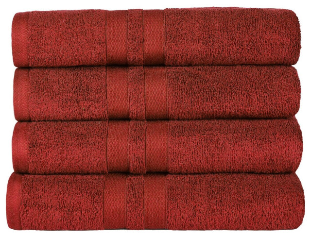 4 Piece 100% Cotton Solid Bath Towel Set, Maroon