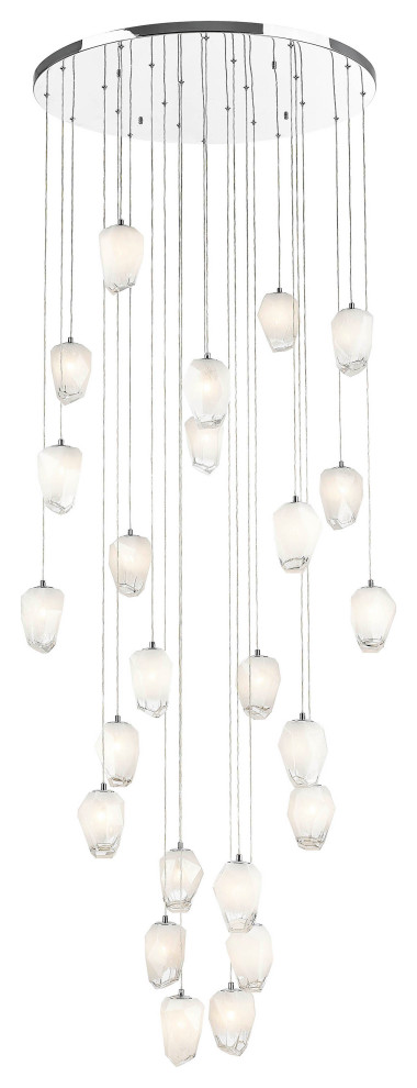 D32'' Round Chrome Flushed Chandelier With Hanging White Glass Pendants