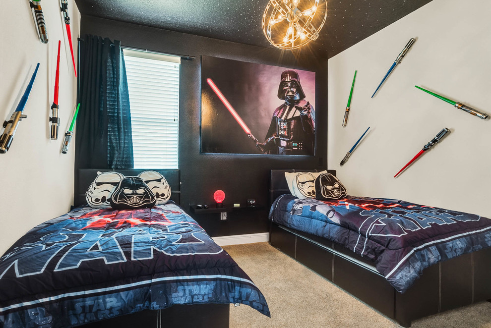 Contemporary kids' bedroom in Orlando with black walls, carpet and beige floor for kids 4-10 years old and boys.