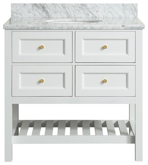 Elma White Bathroom Vanity With Carrara Marble Top, 36"