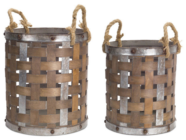 Pail with Rope Handle, 2-Piece Set, 15.5"H, 18"H Wood/Metal