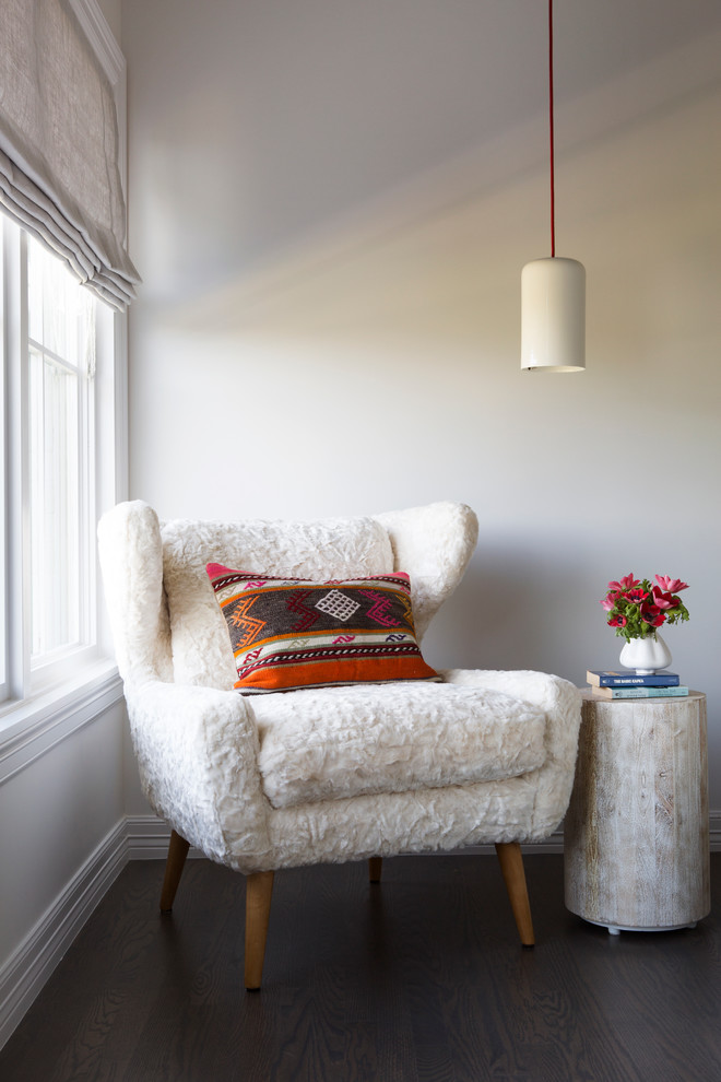 Example of a small trendy master bedroom design in Austin with white walls