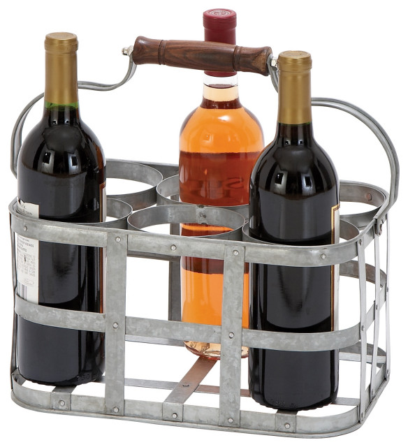 6 Bottle Farmhouse Metal Wine Holder With Wooden Handle, Gray