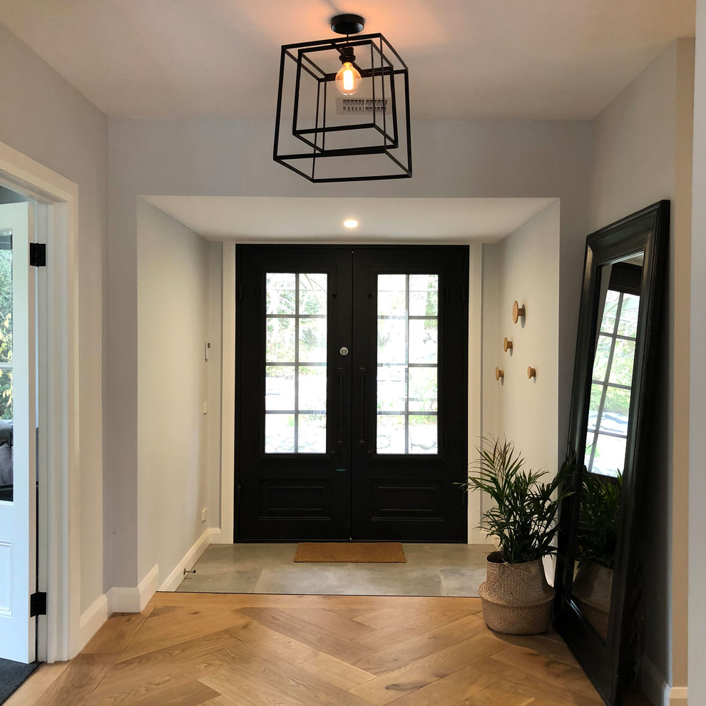 Photo of a large traditional foyer in Melbourne with grey walls, medium hardwood floors, a double front door, a black front door and brown floor.
