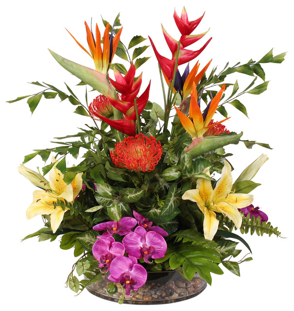 Exotic Tropical Silk Floral With Pebbles in Glass Bowl Tropical