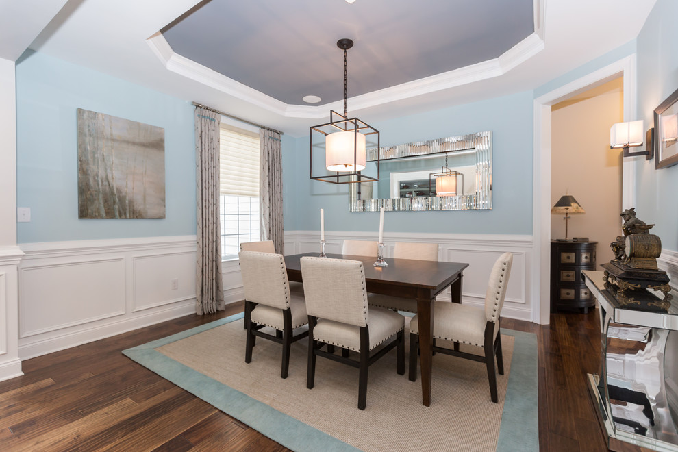 Large traditional separate dining room in Philadelphia with blue walls, medium hardwood floors, no fireplace and brown floor.