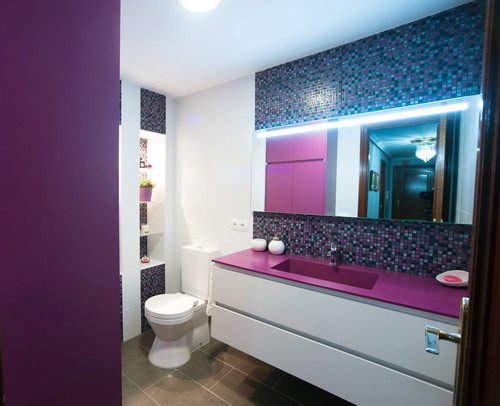 purple backsplash and tile flooring