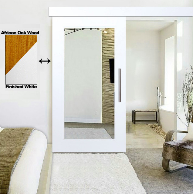 Mirrored White Painted Oak Hardwood Sliding Barn Door with Mirror