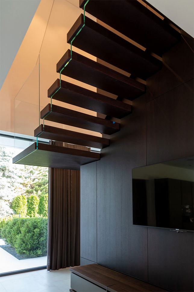 Стильный дизайн: лестница на больцах в стиле модернизм с деревянными ступенями, стеклянными перилами и деревянными стенами - последний тренд