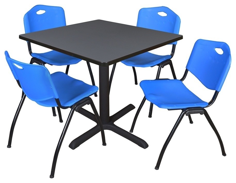 Cain 36" Square Breakroom Table, Gray and 4 'M' Stack Chairs, Blue