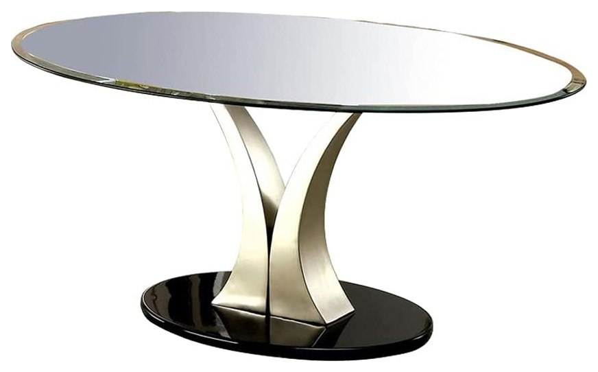 Elegant Coffee Table, Curved VShaped Pedestal Base With Oval Tempered Glass Top Midcentury