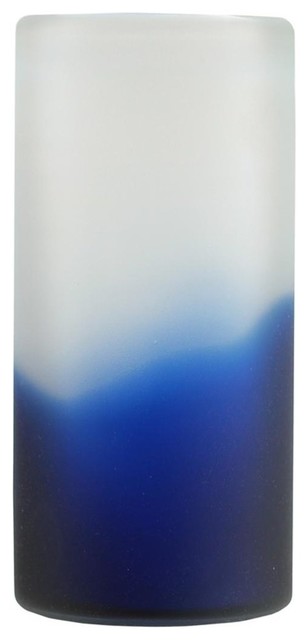10.5" Zaffre Blue and White Smoke Cylindrical Hand Blown Frosted Glass Vase