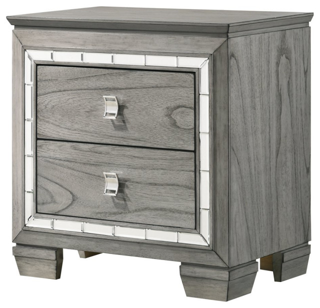 Elegant Nightstand, 2 Drawers With Crystal Acrylic Knobs & Beveled Mirror Trim Transitional