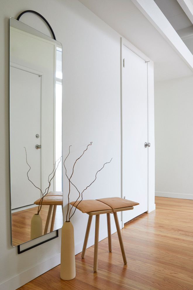 Modelo de puerta principal retro pequeña con paredes blancas, suelo de madera en tonos medios, puerta simple, puerta de vidrio, suelo marrón y vigas vistas