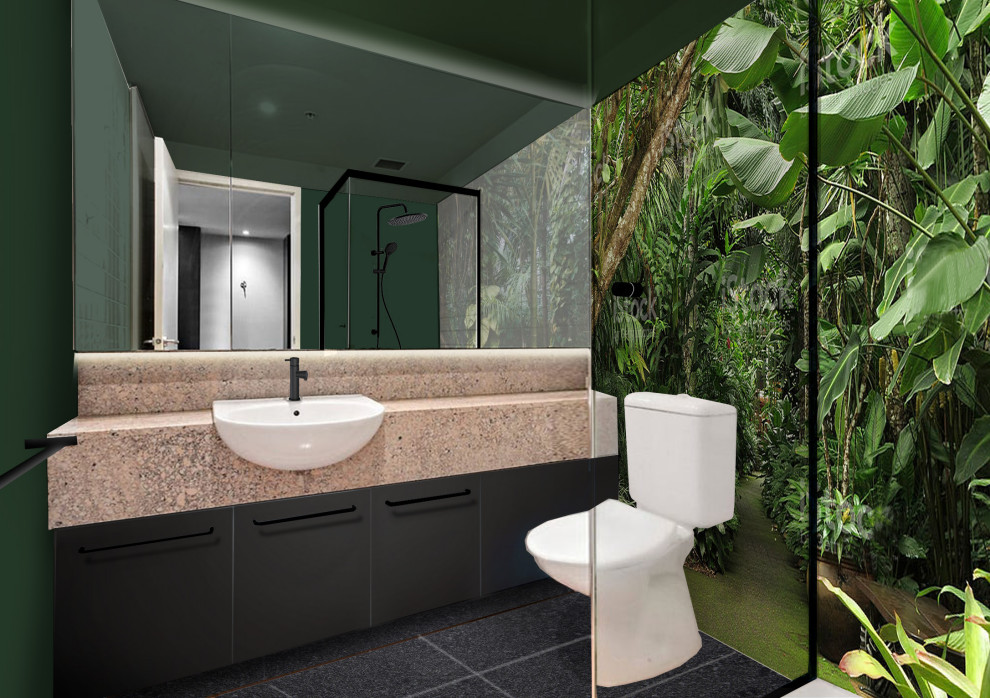 Small eclectic 3/4 bathroom in Melbourne with a corner shower, metal tile, green walls, porcelain floors, an integrated sink, granite benchtops, grey floor, a hinged shower door, a single vanity, a built-in vanity, decorative wall panelling, a one-piece toilet and multi-coloured benchtops.