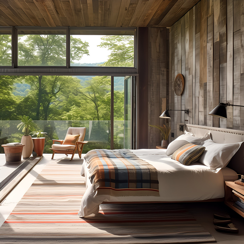 Foto di una camera da letto contemporanea con parquet chiaro, soffitto in legno e pareti in legno