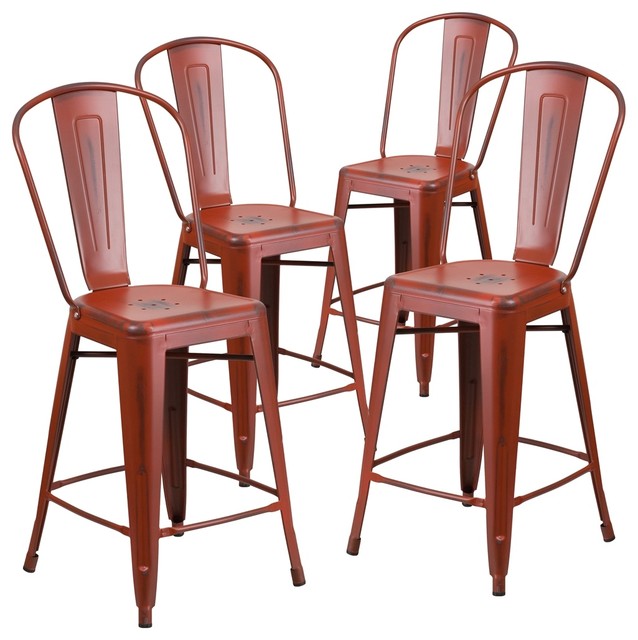 24" High Distressed Kelly Red Metal Indoor Counter Stools, Back, Set of 4