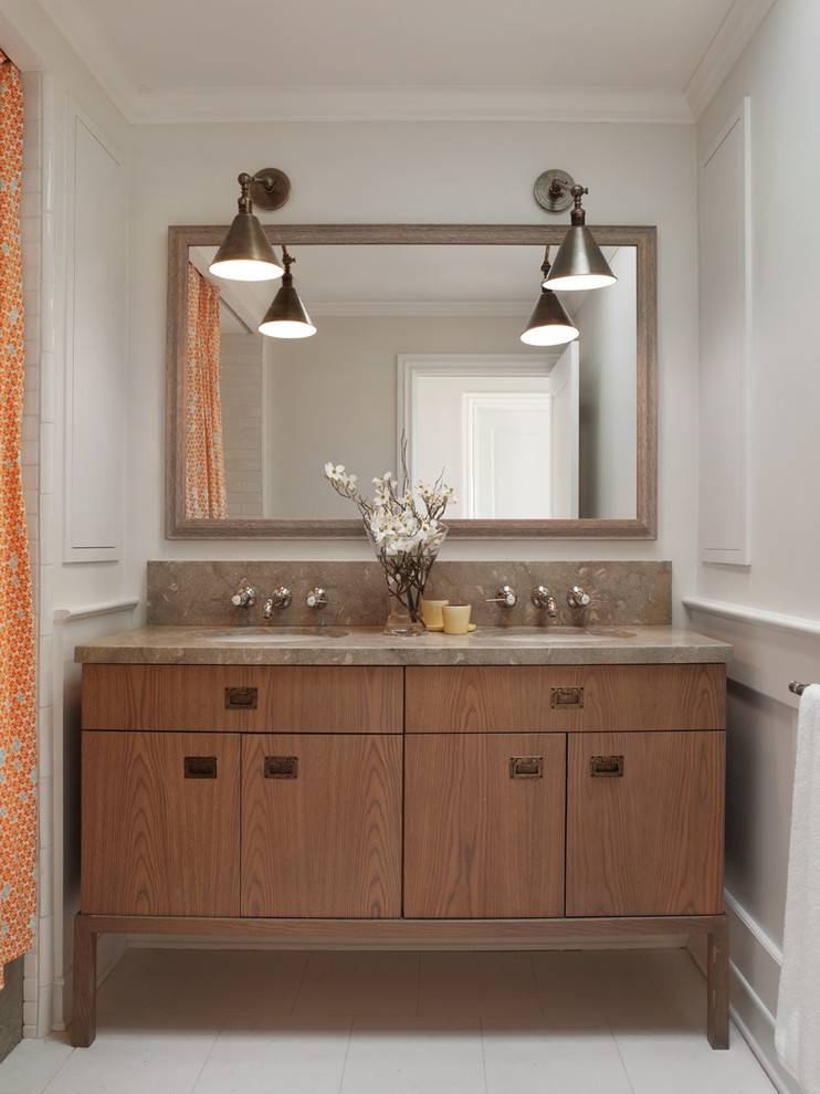 Traditional bathroom in San Francisco with flat-panel cabinets and a shower curtain.