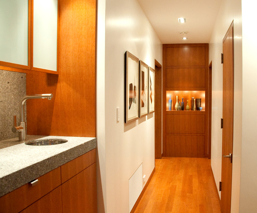 Inspiration for a mid-sized modern hallway in Cleveland with beige walls, light hardwood floors and brown floor.