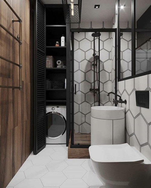 Visual Intrigue: Industrial Bathroom Backsplash Ideas with Hexagon Tiles