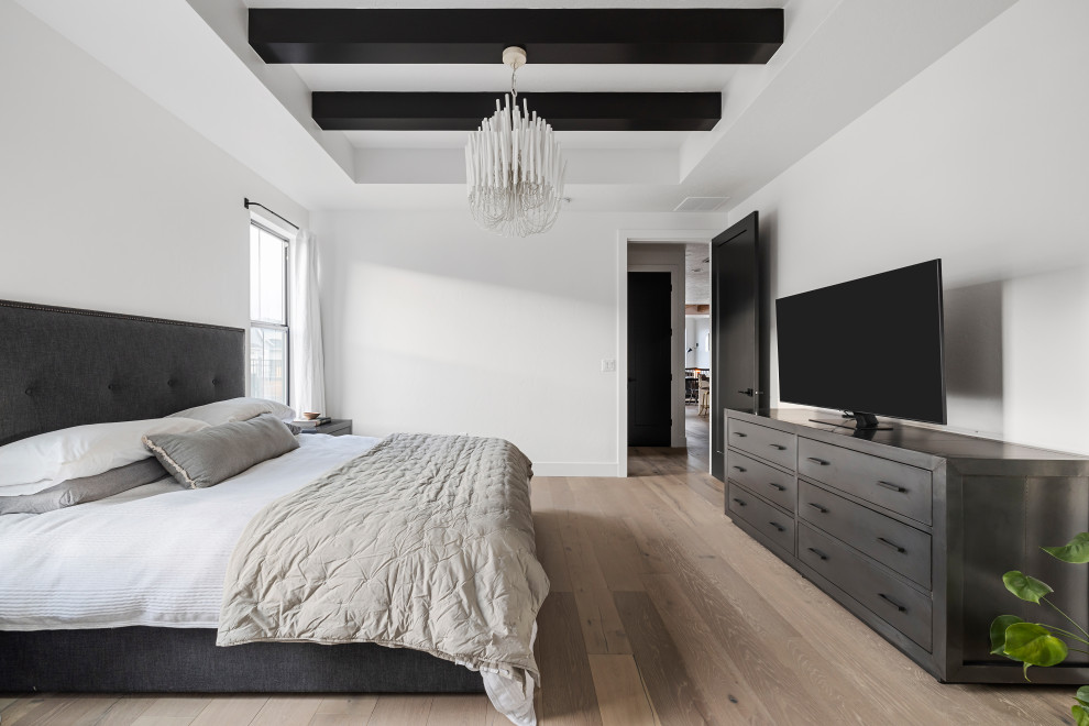 ボイシにある中くらいな北欧スタイルのおしゃれな主寝室 (白い壁、淡色無垢フローリング、暖炉なし、ベージュの床、表し梁) のレイアウト
