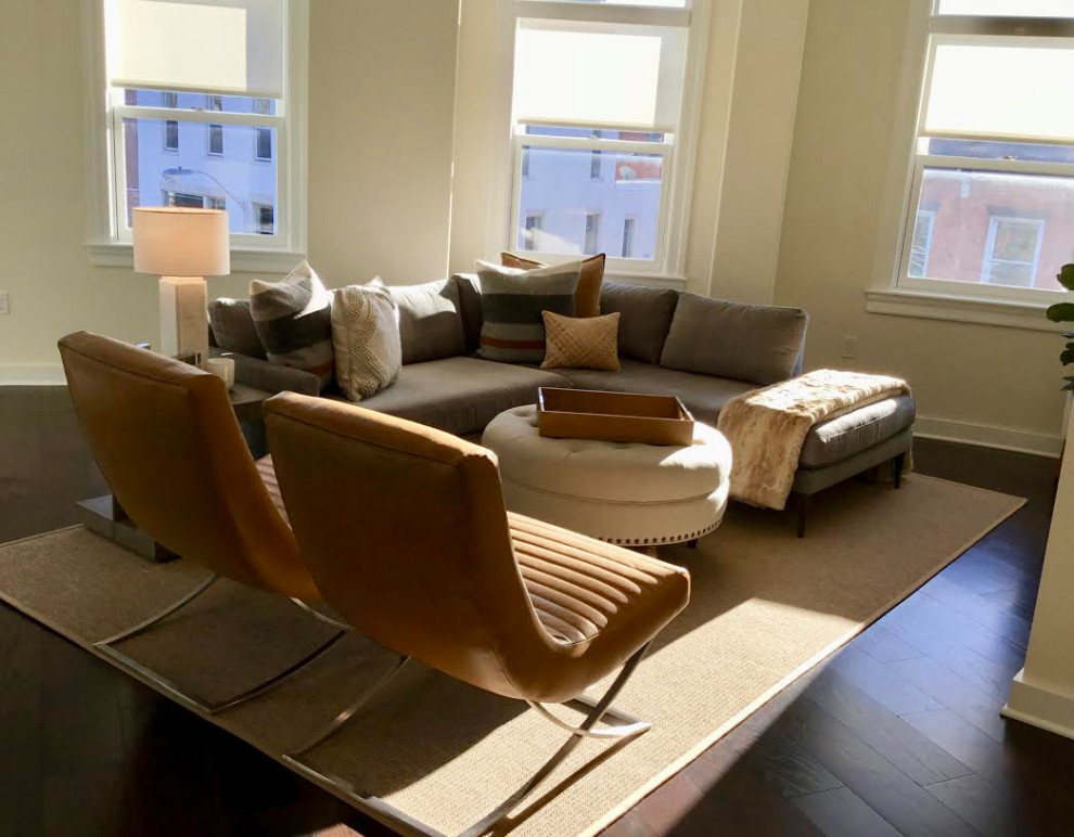 A Cozy Transitional Living Room with Gray and Neutral Colors