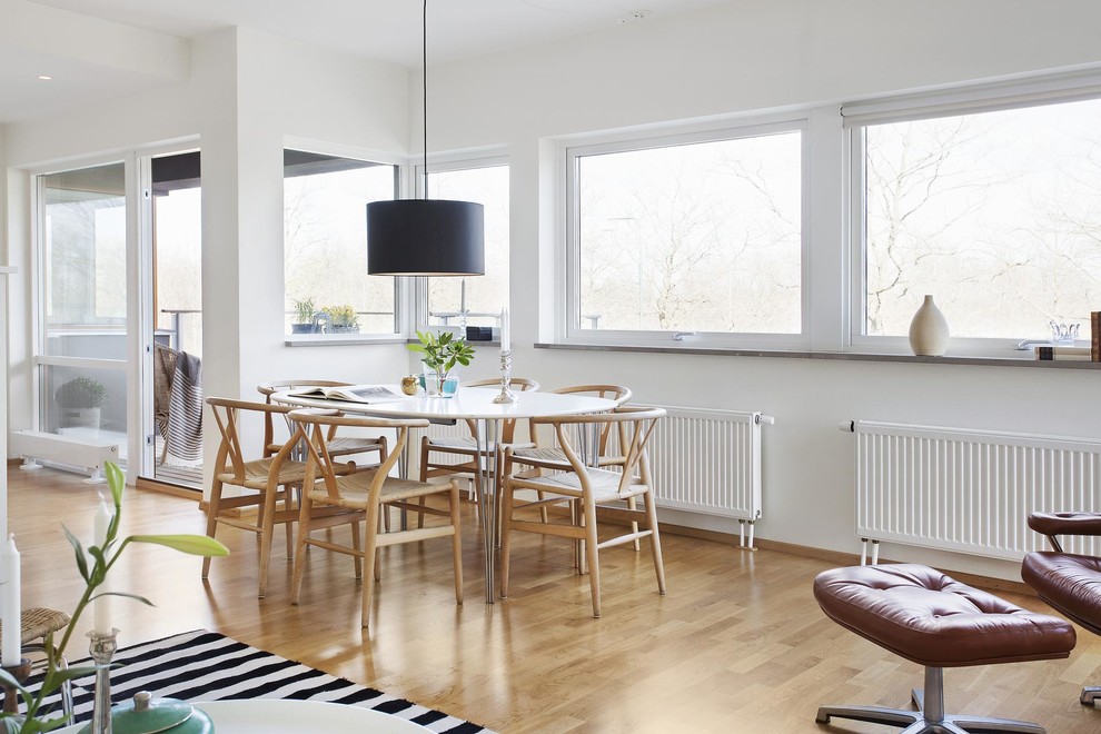 Inspiration for a mid-sized scandinavian dining room in Malmo with white walls, medium hardwood floors and no fireplace.
