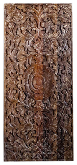 Consigned Indian Carved Lotus Sliding Door, Statement Ceiling, Custom Door
