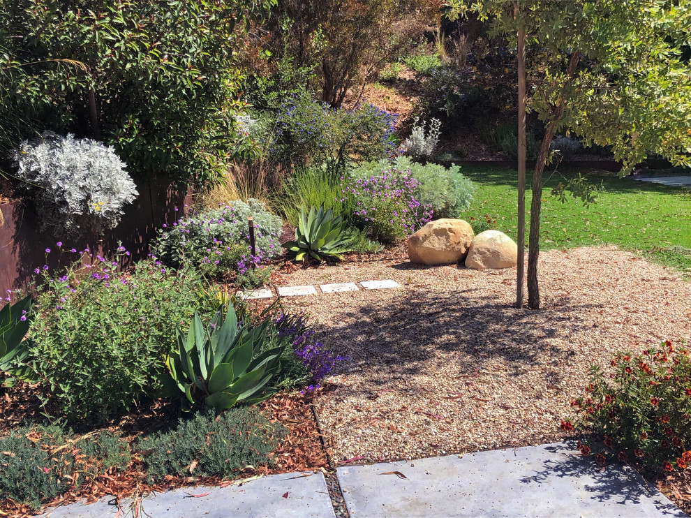 Photo of a large modern back xeriscape full sun garden for spring in Los Angeles with a flowerbed, concrete paving and a metal fence.