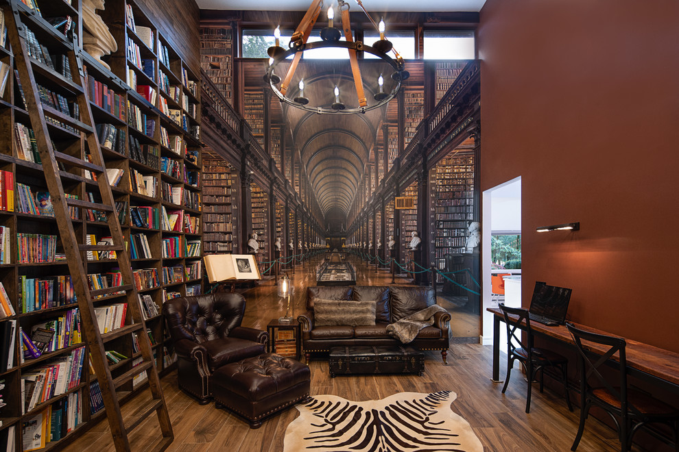 Inspiration for a contemporary dark wood floor and brown floor living room remodel in New York with red walls