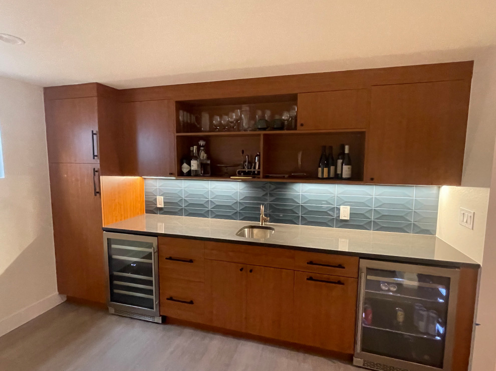 Design ideas for a large retro single-wall wet bar in Denver with open cabinets and medium wood cabinets.