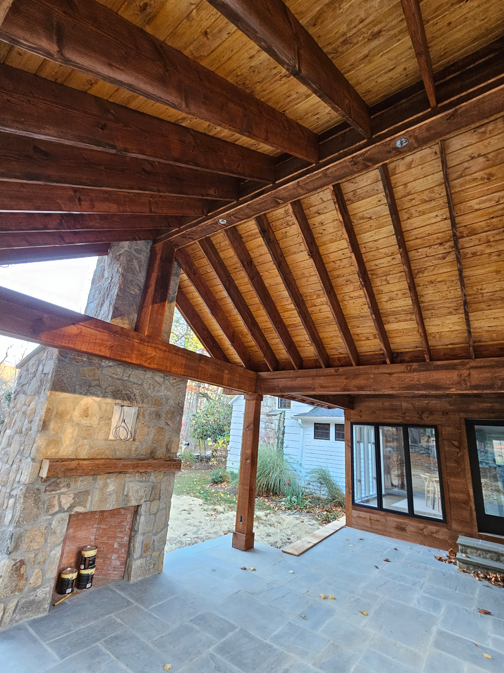 Outdoor Pavilion with ton fireplace - Custom wood plank Ceiling