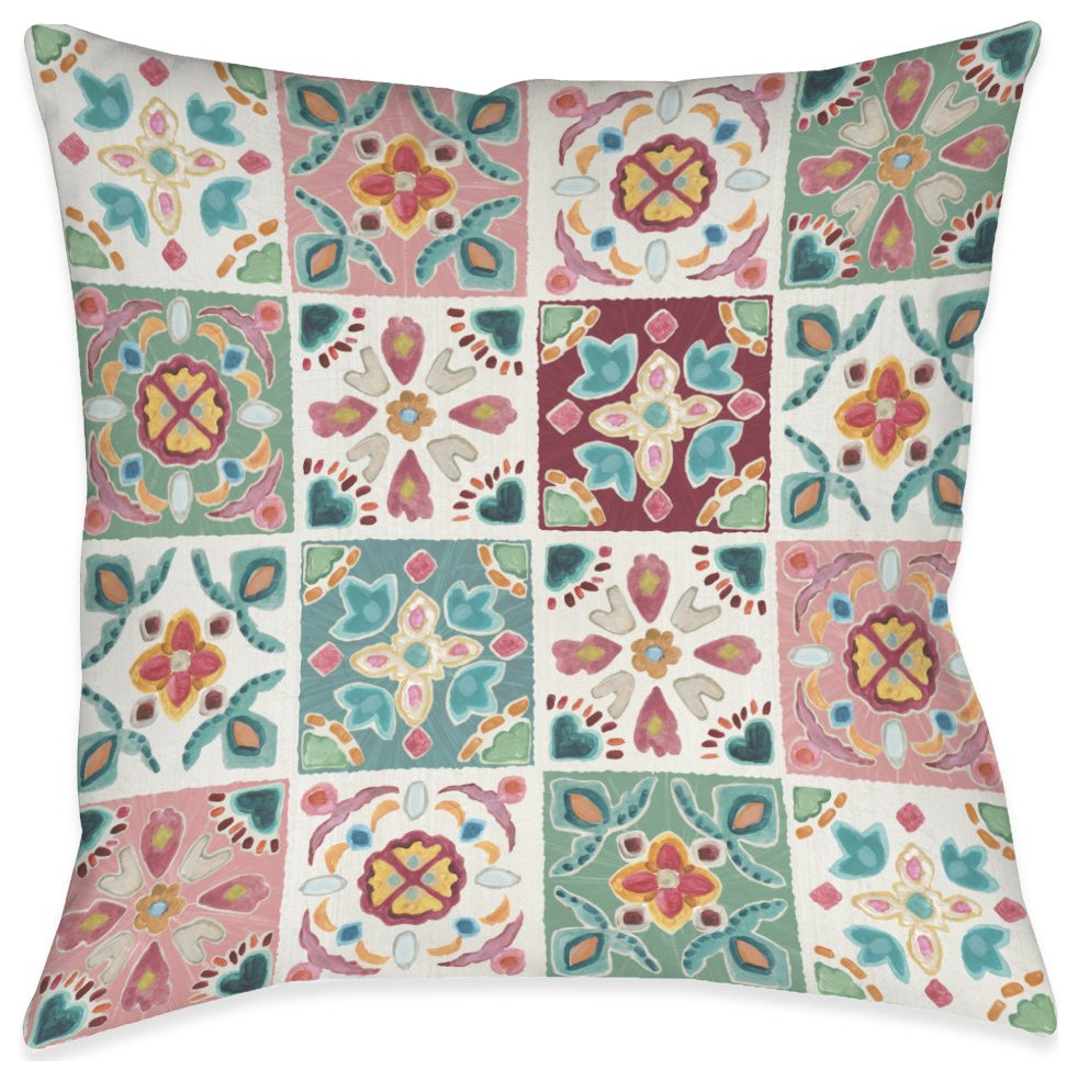 Bohemian Pink Tiles Outdoor Pillow, 18"x18"