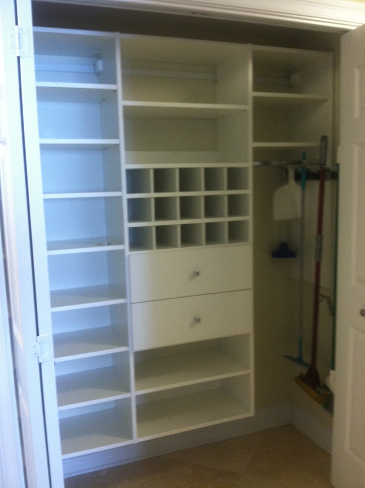 Photo of a small contemporary single-wall kitchen pantry in Birmingham with flat-panel cabinets and white cabinets.