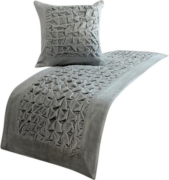 Grey Bed Runner with Pillow Cover, Velvet Bed Scarf Knotty Knots