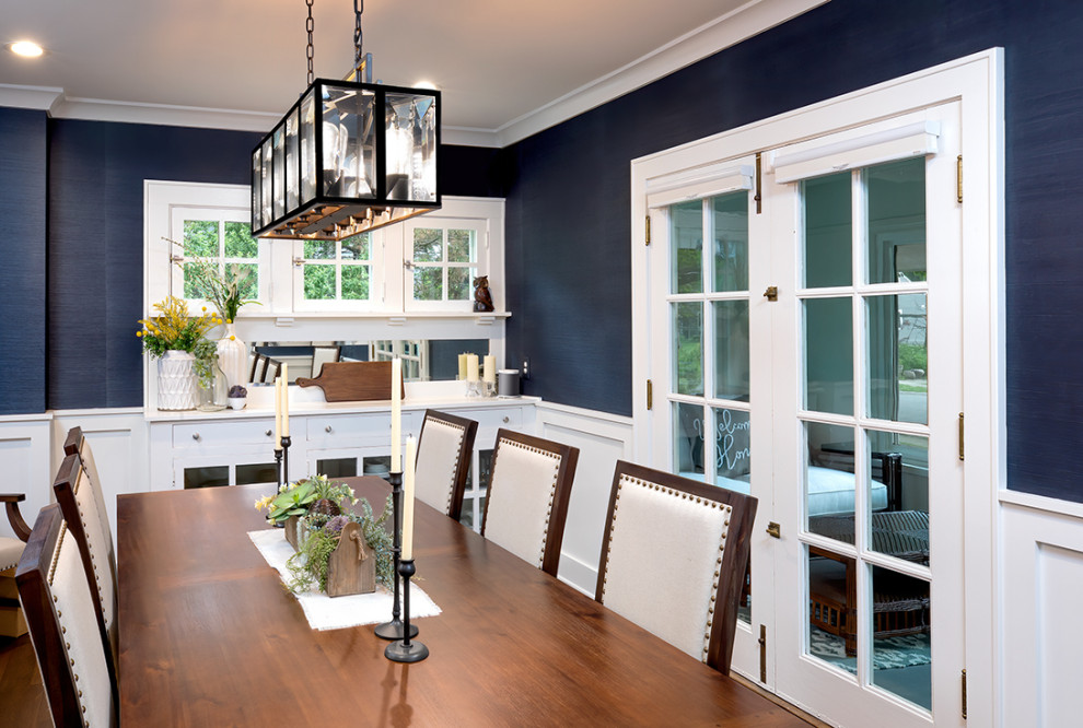Design ideas for a transitional separate dining room in Columbus with blue walls, dark hardwood floors, brown floor and wallpaper.