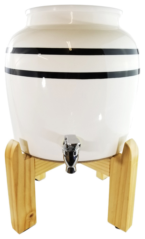 Premium Porcelain Water Crock Dispenser With Wood Stand Contemporary Beverage Dispensers