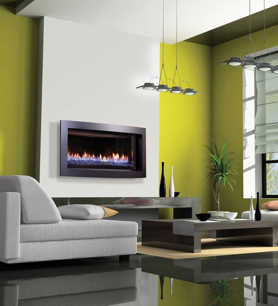 Design ideas for a large modern formal open concept living room in Boston with yellow walls, concrete floors, a ribbon fireplace, a plaster fireplace surround, no tv and black floor.