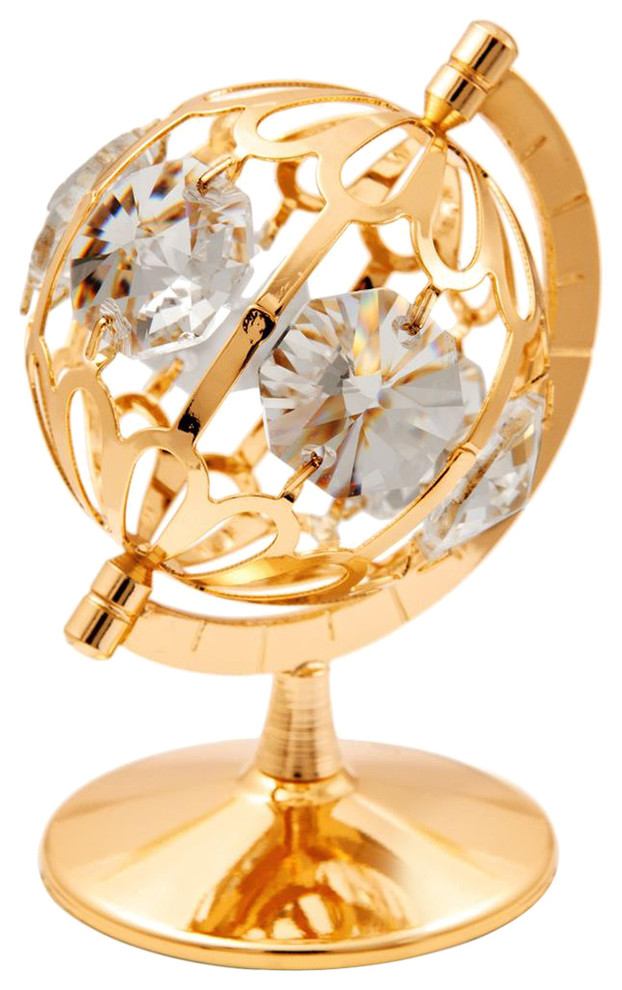 24K Gold Plated Crystal Studded Spinning Globe Ornament Contemporary