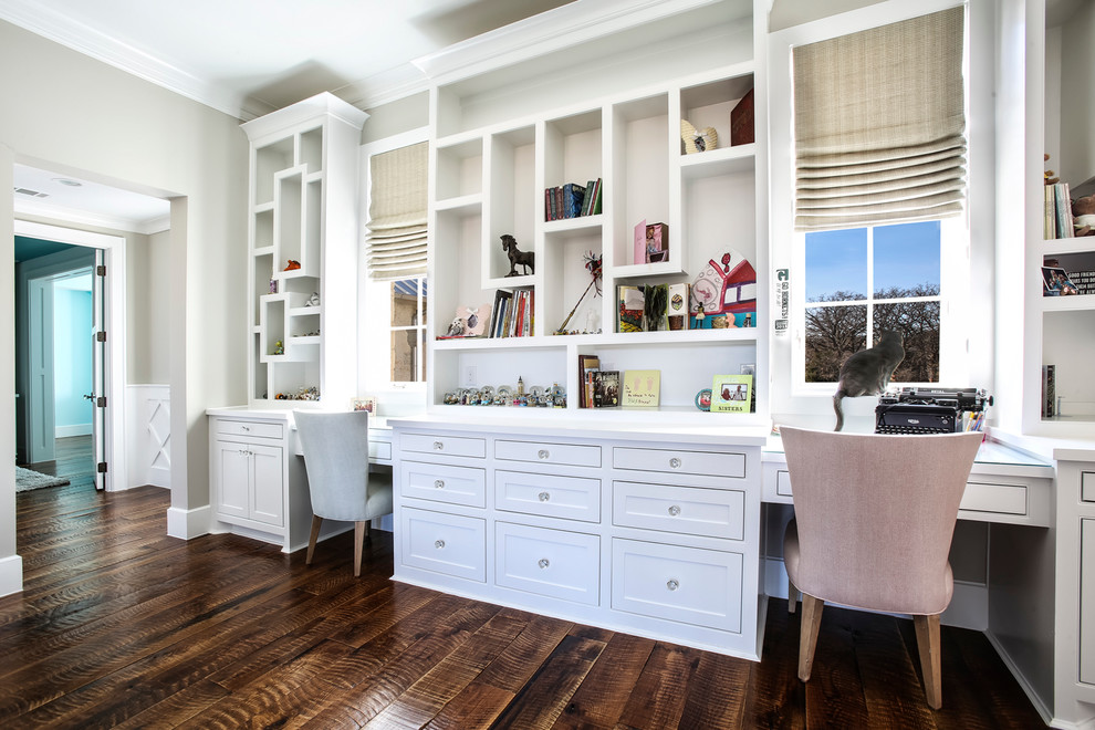 This is an example of a large transitional gender-neutral kids' room in Dallas with grey walls, medium hardwood floors and brown floor.