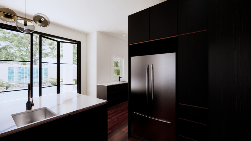 アデレードにあるラグジュアリーな広いモダンスタイルのおしゃれなキッチン (ダブルシンク、フラットパネル扉のキャビネット、黒いキャビネット、クオーツストーンカウンター、白いキッチンパネル、クオーツストーンのキッチンパネル、黒い調理設備、濃色無垢フローリング、赤い床、白いキッチンカウンター、三角天井) の写真