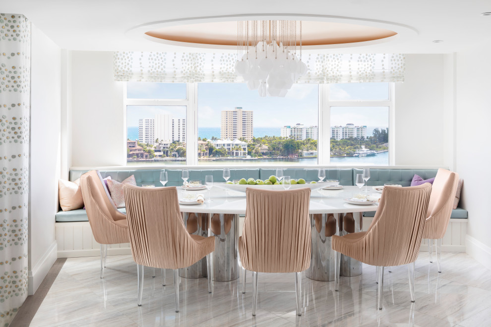Inspiration for a transitional dining room in Miami with white walls, no fireplace, multi-coloured floor and recessed.