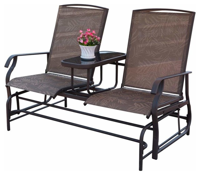 Outdoor 2 Person Patio Mesh Loveseat Glider Chair With Center Table Ja