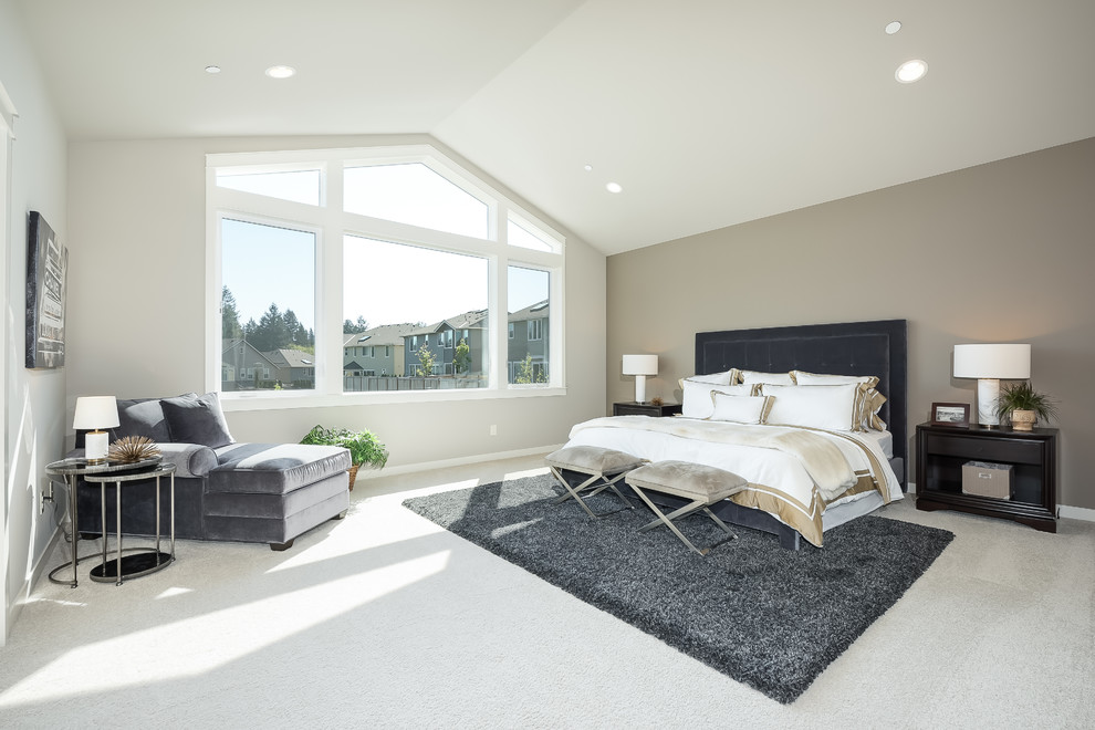 Design ideas for a large transitional master bedroom in Seattle with beige walls, carpet and no fireplace.