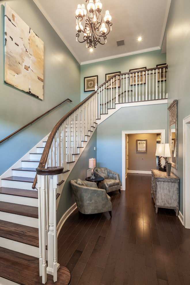Mid-sized traditional foyer in Little Rock with blue walls, dark hardwood floors and a single front door.